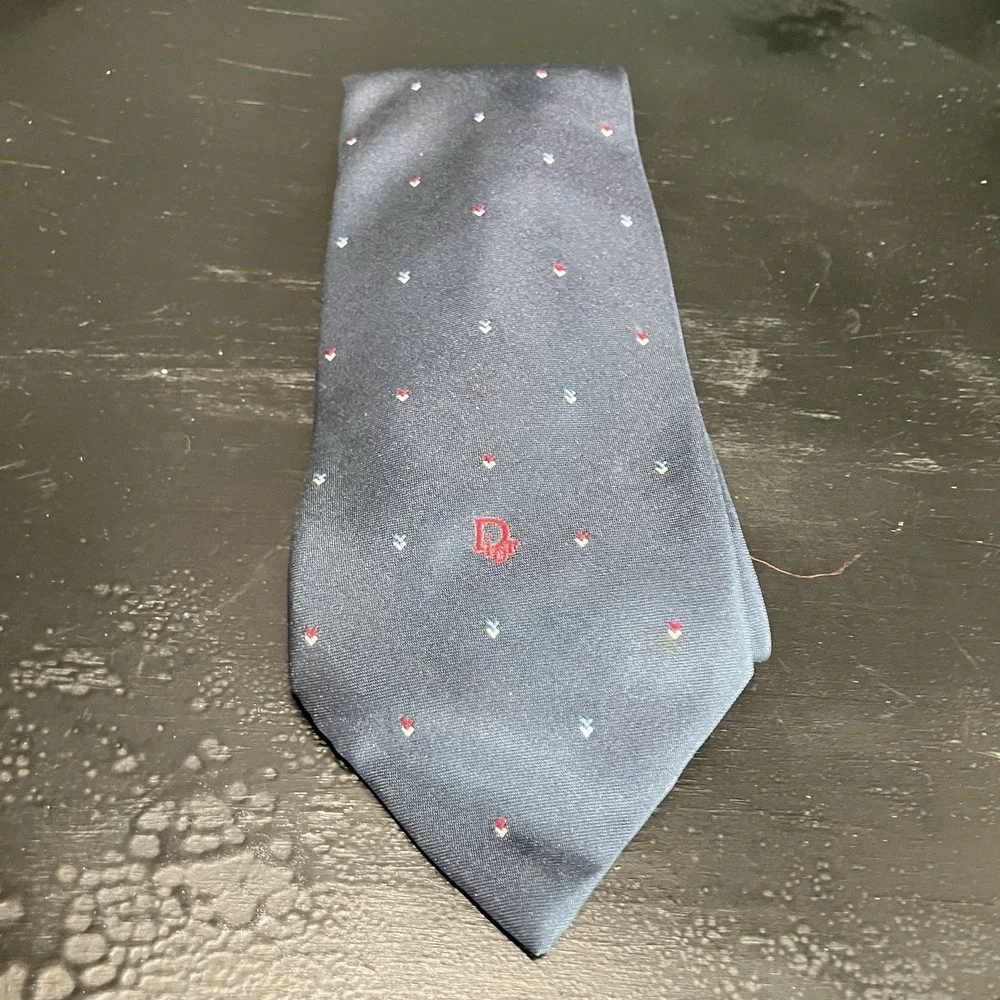 Christian Dior Monsieur Poly Silk Blend Neck Tie Navy Mini Motif Logo Vintage